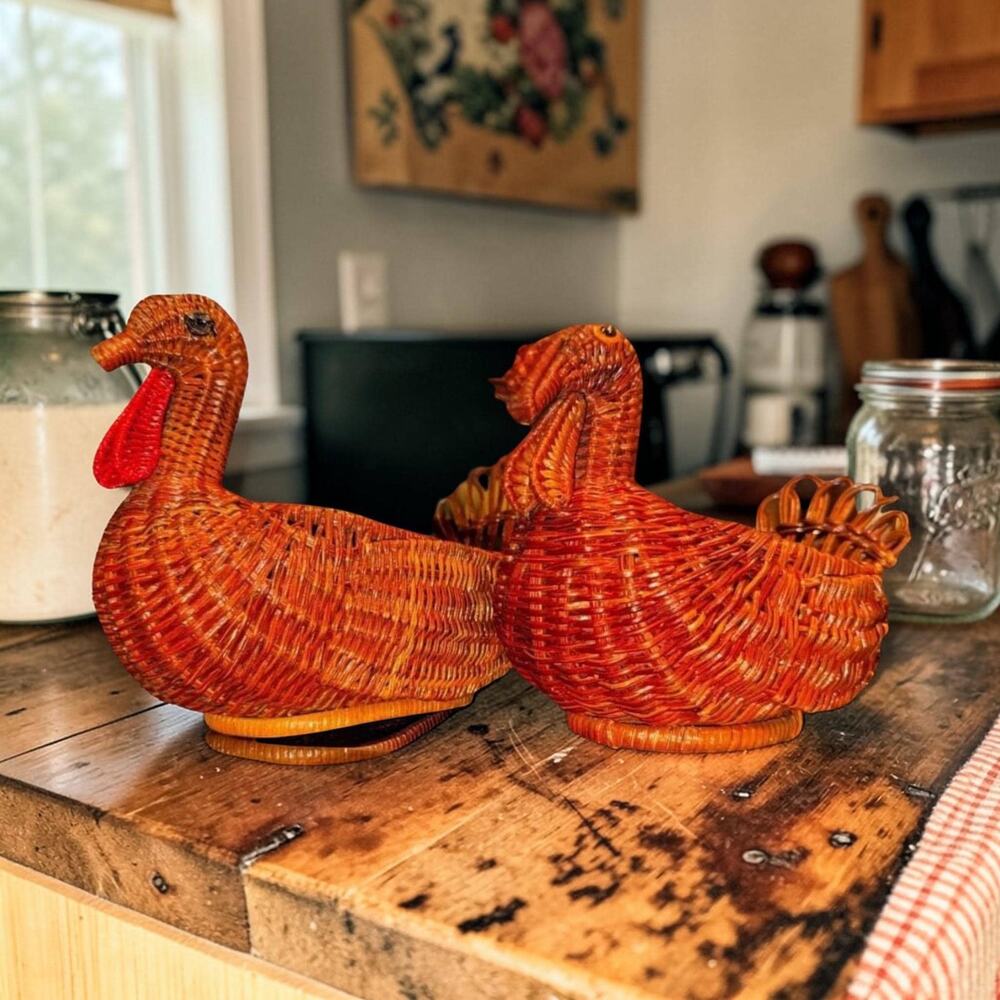 Vintage Wicker Turkey Basket Pair Thanksgiving Fall Table Decor